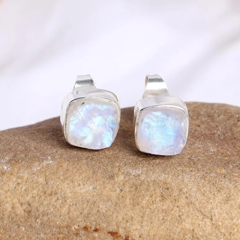 Raw Moonstone Stud Earrings: Handmade Sterling Silver Jewelry
