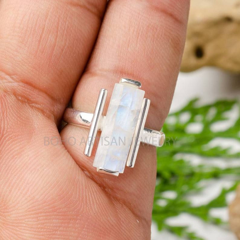 Raw Moonstone Bar Ring • Handmade Silver Jewelry • Raw Crystal Ring • Dainty Gemstone Ring • Blue Fire Moonstone • Statement Ring • Gift