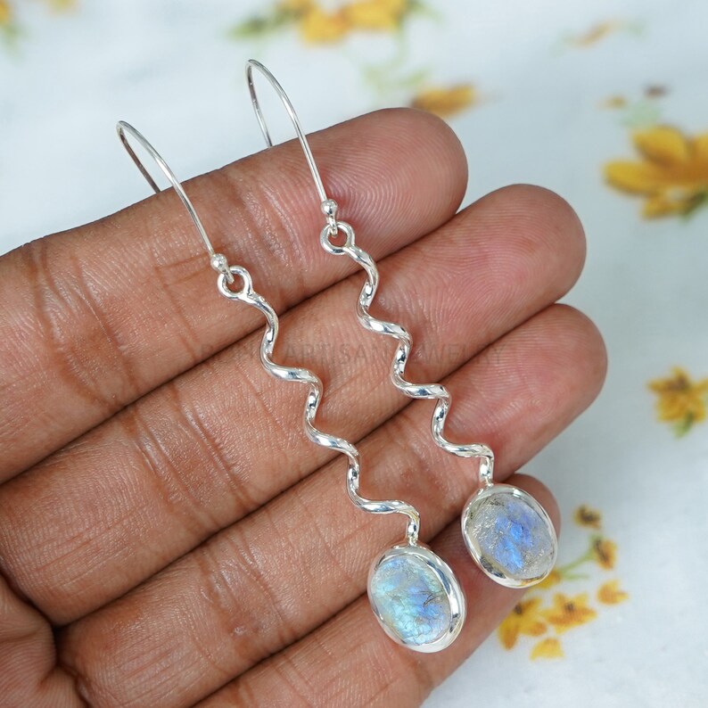 Raw Moonstone Dangle Earrings: Twisted Sterling Silver, July Birthstone