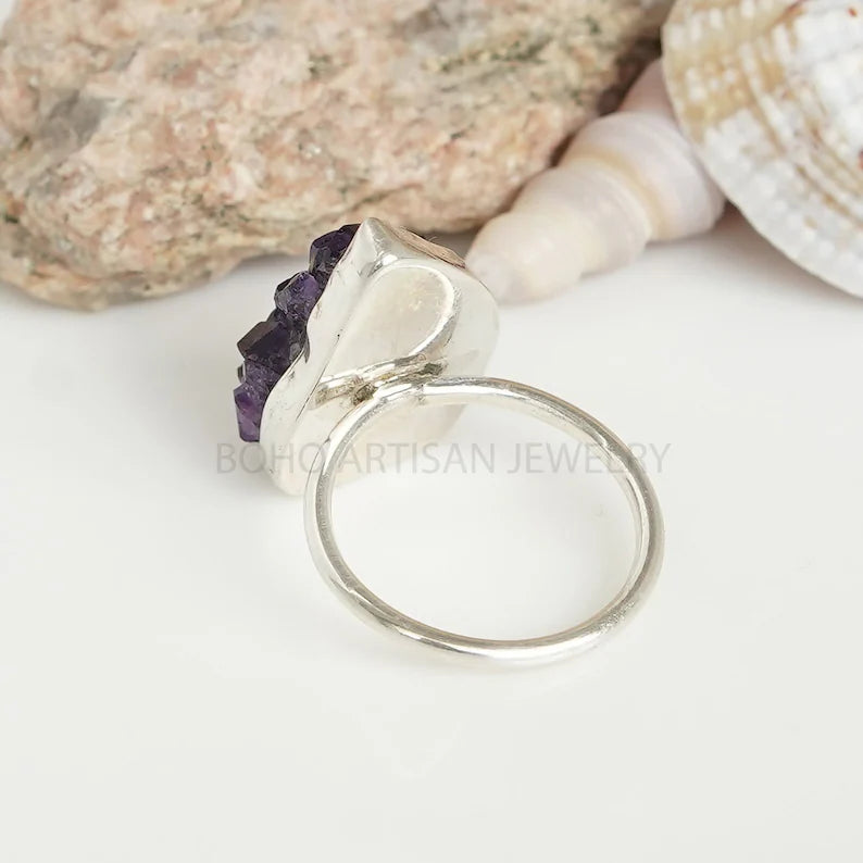 Raw Amethyst Geode Ring: Sterling Silver 925, Handmade Boho Jewelry