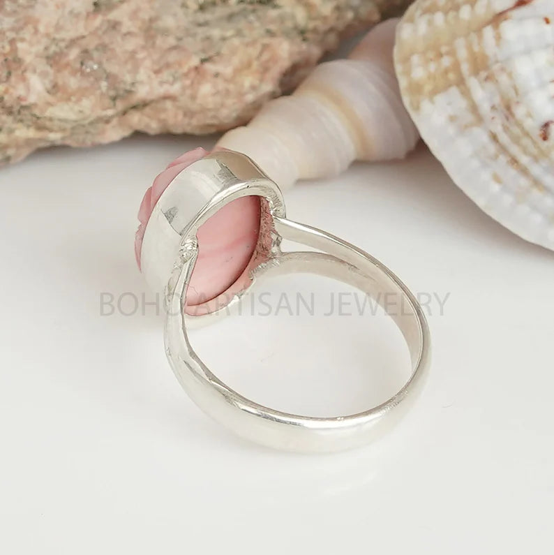 Raw Pink Opal Ring: Sterling Silver Boho Stacking Ring