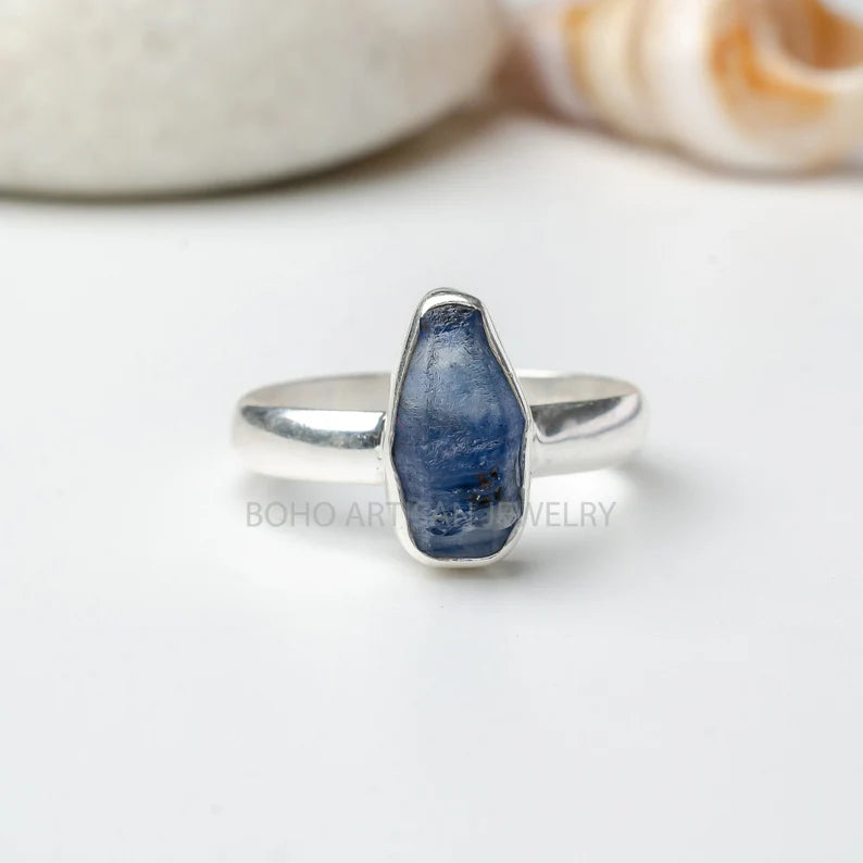 Raw Sapphire Sterling Silver Ring: Natural Crystal, September Birthstone