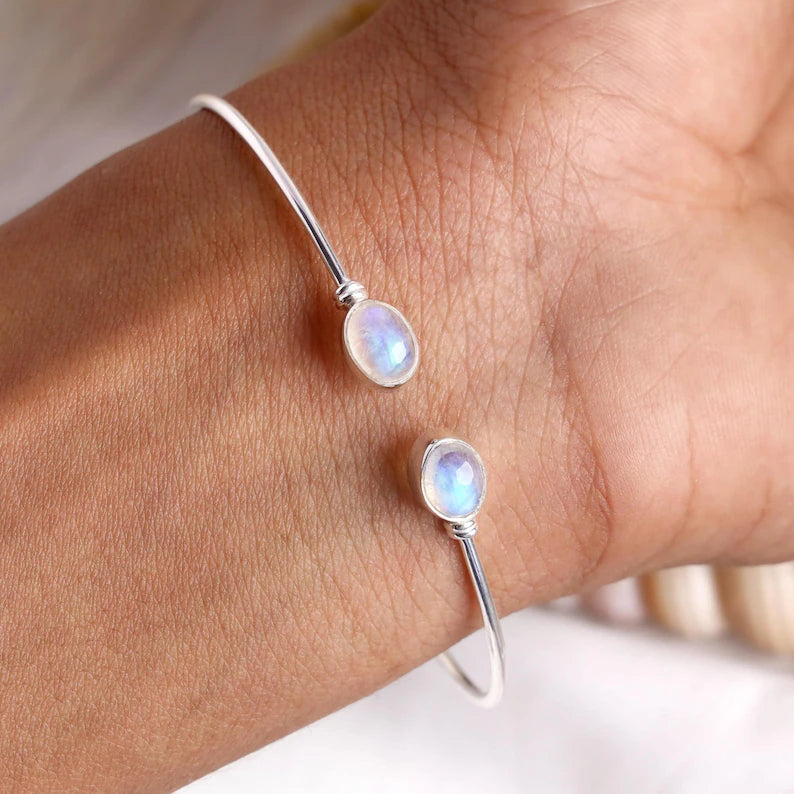 Moonstone Cuff Bracelet, Rainbow Moonstone Bangle Bracelet, Handmade Silver Jewelry, Adjustable Bracelet, June Birthstone, Christmas Gift