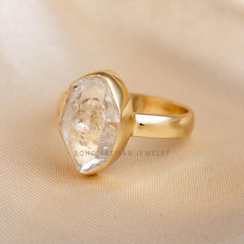 14k Gold Plated Herkimer Diamond Ring – Handmade Crystal Jewelry, April Birthstone Engagement Gift