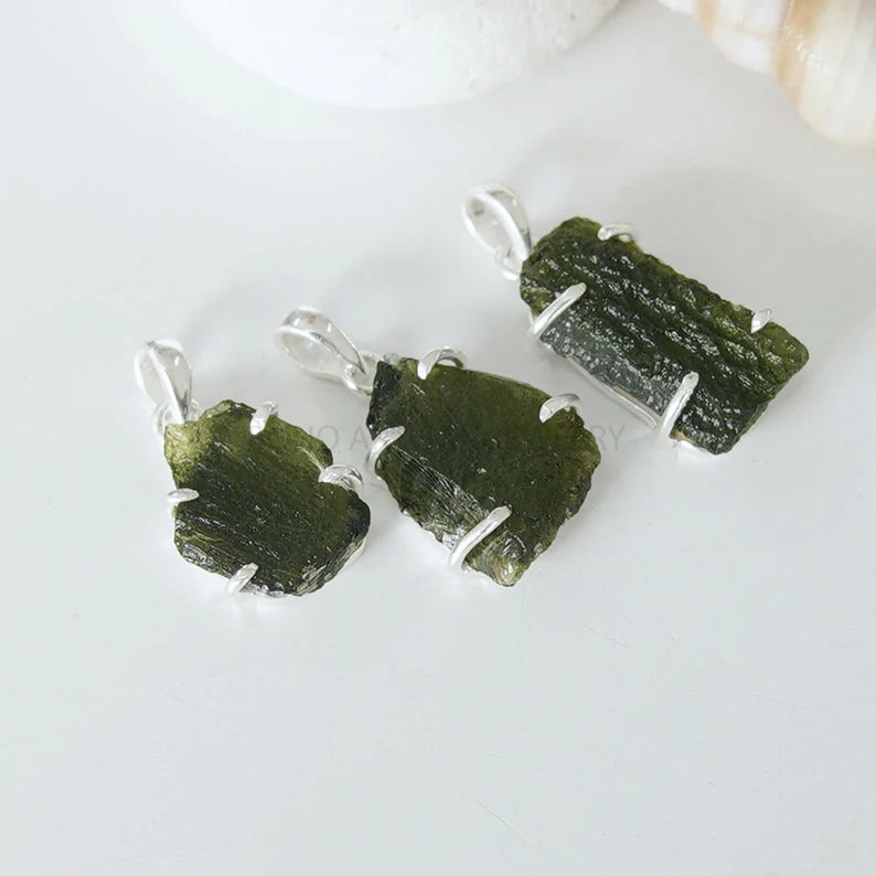 Raw Moldavite Pendant: Sterling Silver Green Gemstone Jewelry