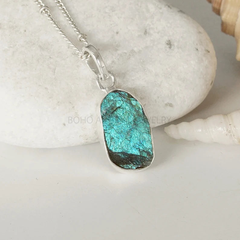 Raw Labradorite Pendant, Blue Labradorite Necklace, Raw Gemstone Jewelry, Handmade, Valentine's Day Gift, Healing Crystal, Gift For Her