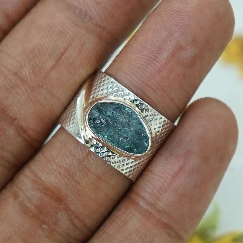 Raw Aquamarine Ring: Hammered Sterling Silver Textured Band