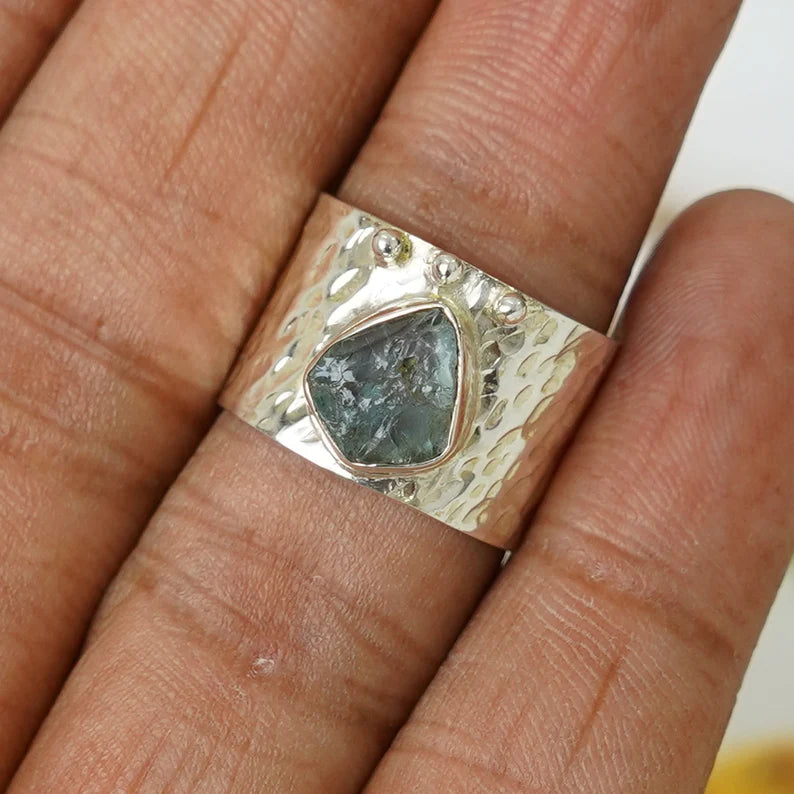 Raw Aquamarine Ring: Hammered Sterling Silver Textured Band