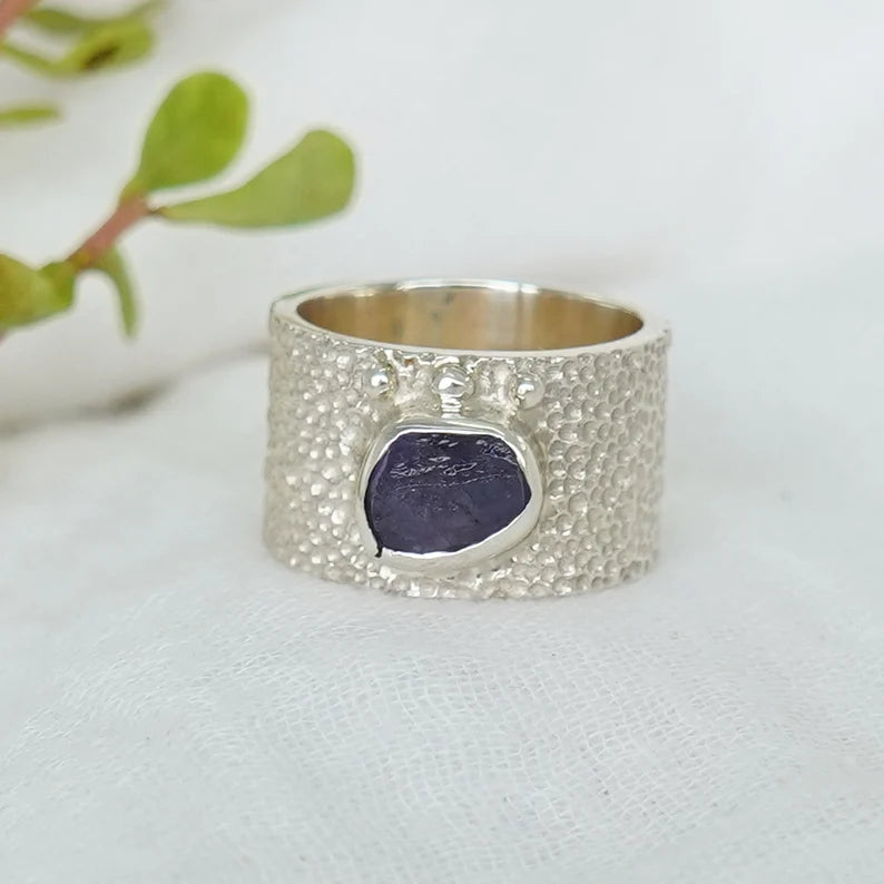 Handmade Raw Tanzanite Sterling Silver Textured Band Ring