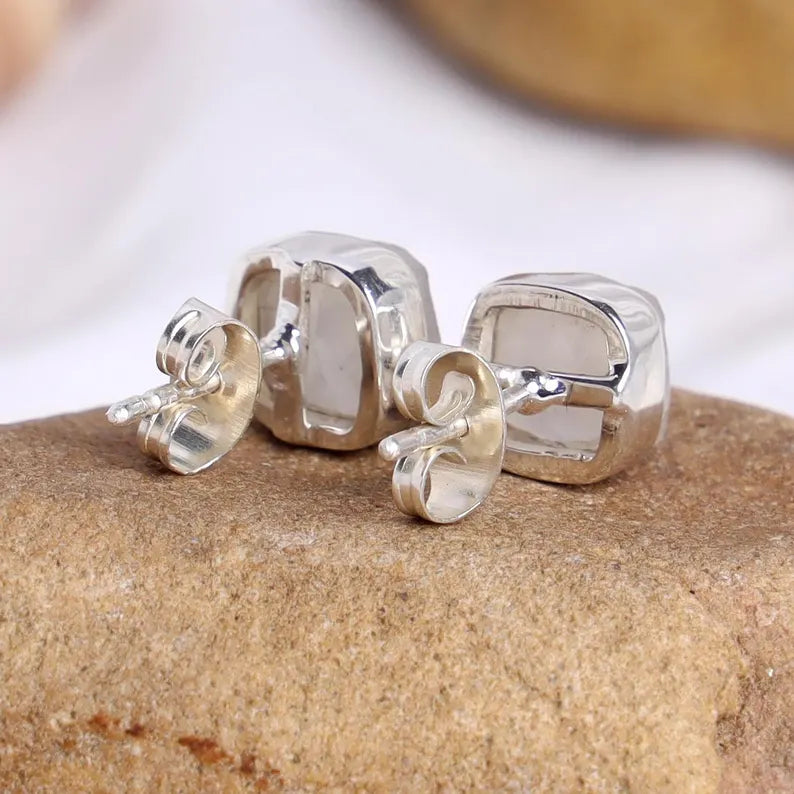 Raw Moonstone Stud Earrings: Handmade Sterling Silver Jewelry