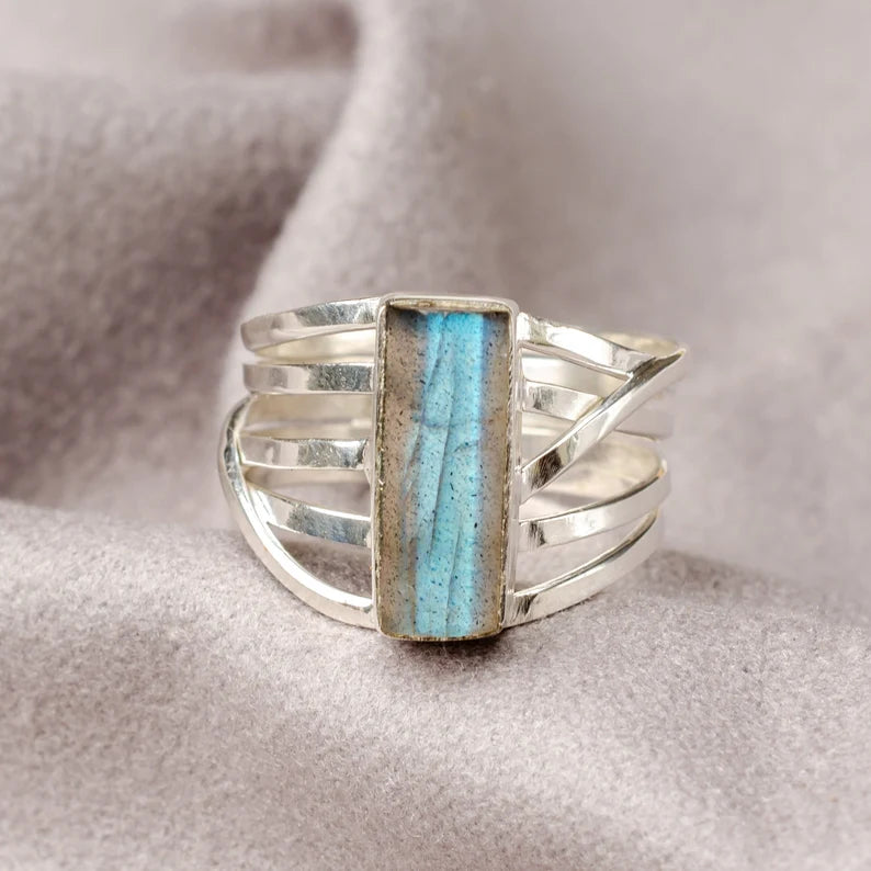Raw Aquamarine Spiral Ring, Natural Bar Ring, Sterling Silver Jewelry, Aquamarine Ring, March Birthstone, Crystal Ring, Gift For Women