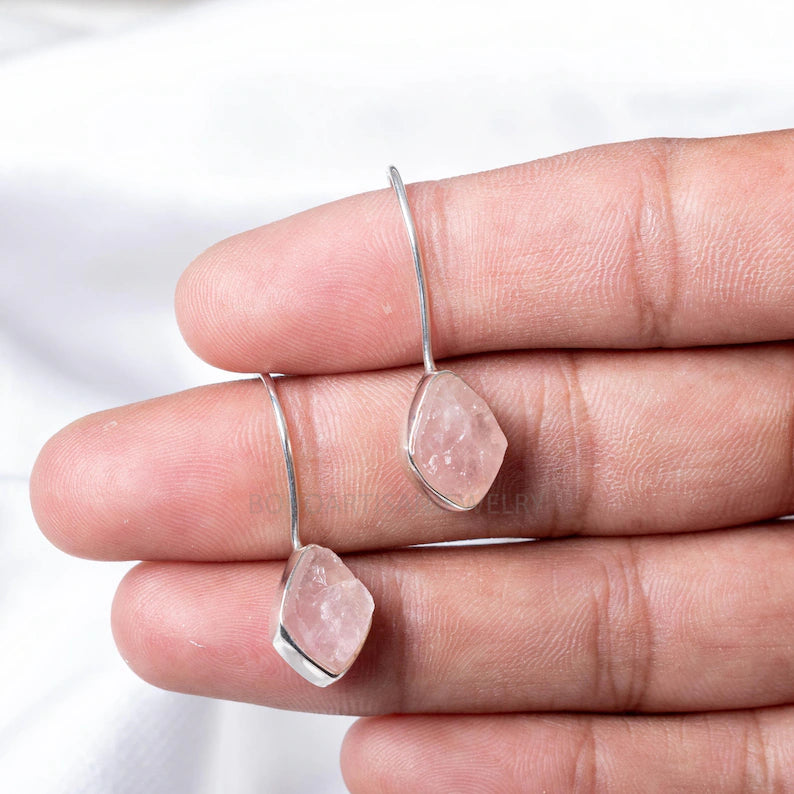 Raw Rose Quartz Earring, Dangle Earring, Silver Handmade Jewelry, Rough stone, 925 Sterling Silver, Pink Gemstone Earrings, Gift For Her