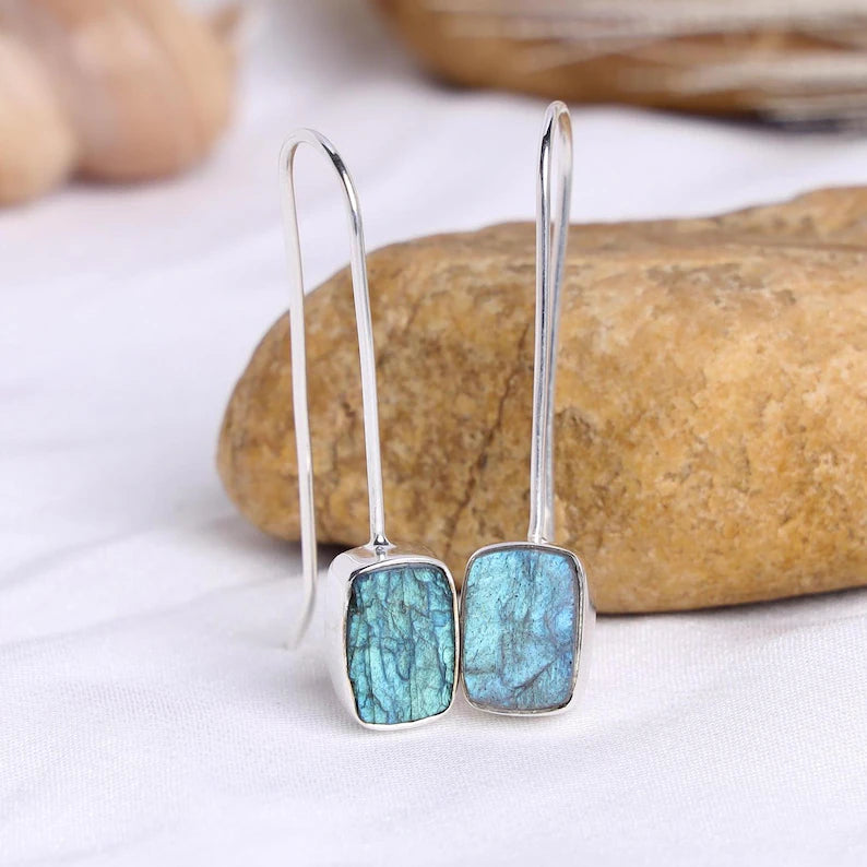 Raw Aquamarine Dangle Earrings: Sterling Silver Handmade Jewelry