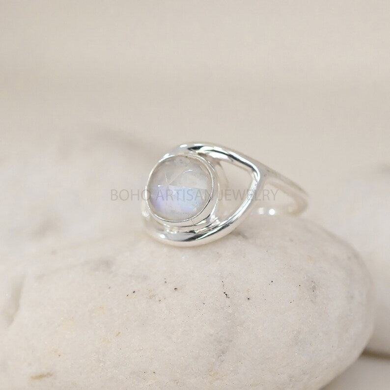 Evil Eye Moonstone Ring, Silver Handmade Ring, Moonstone Rose Cut Ring, Fire Moonstone, Rough Stone Jewelry, July Birthstone, Gift For Her
