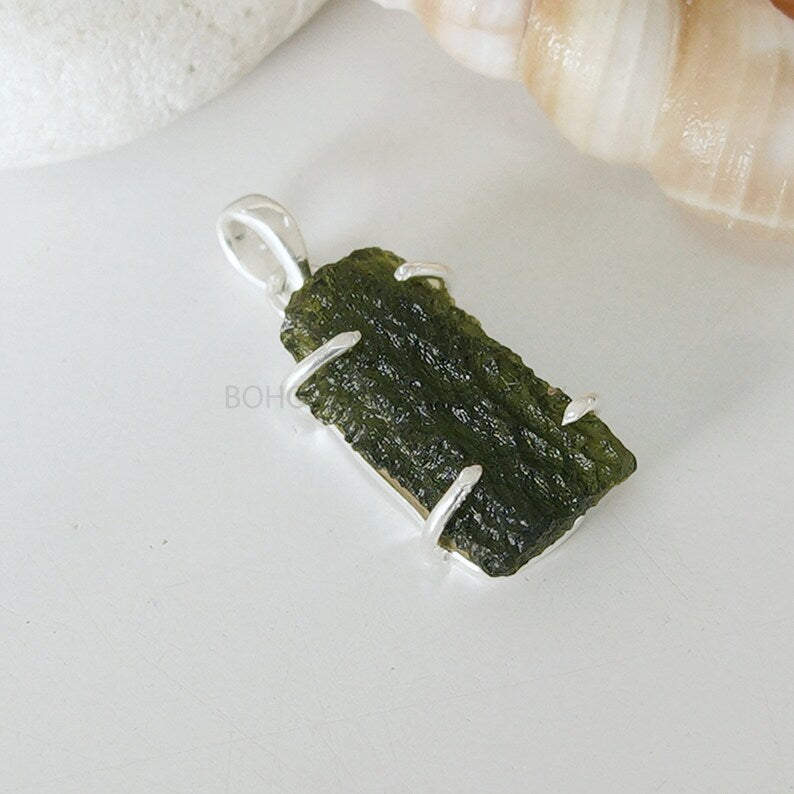 Raw Moldavite Pendant: Sterling Silver Green Gemstone Jewelry