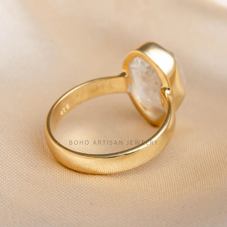 14k Gold Plated Herkimer Diamond Ring – Handmade Crystal Jewelry, April Birthstone Engagement Gift