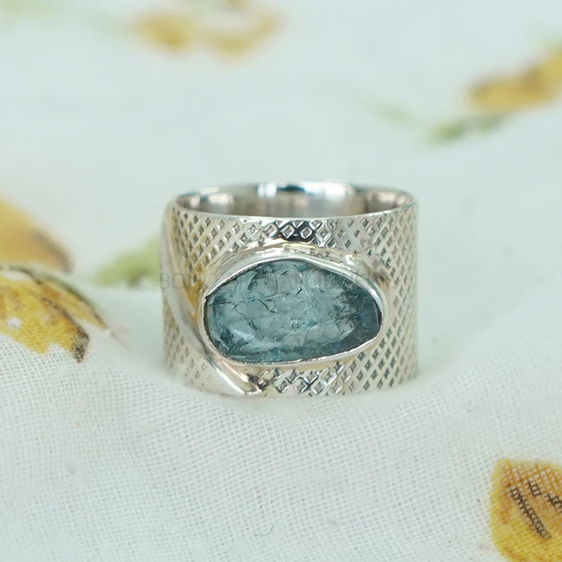 Raw Aquamarine Ring: Hammered Sterling Silver Textured Band