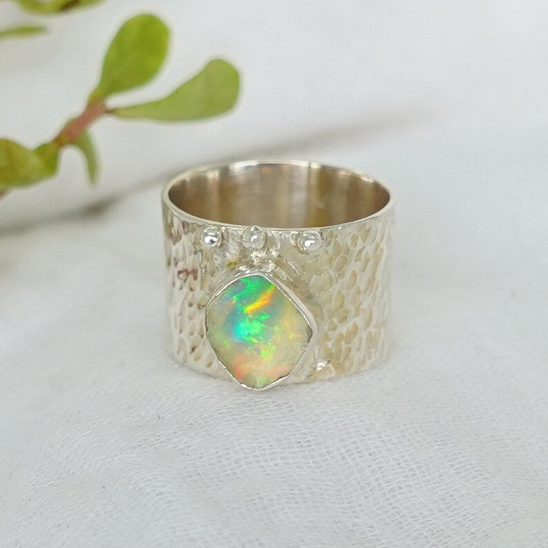 Raw Ethiopian Opal Ring: Sterling Silver Stacking Band, Boho Jewelry