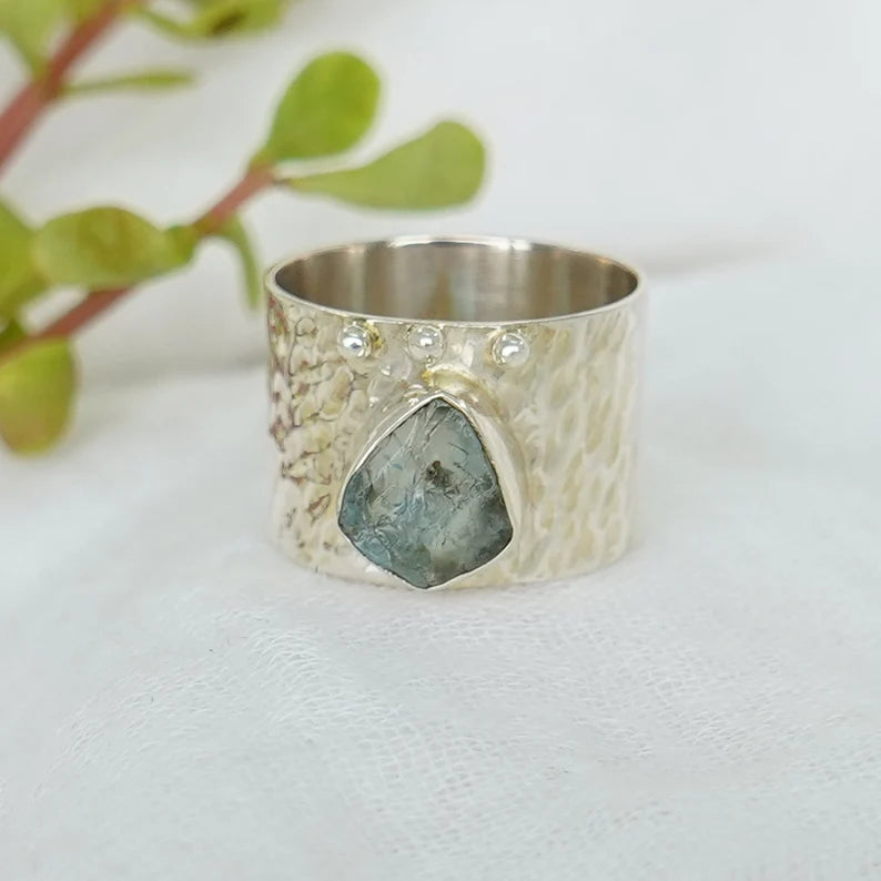 Raw Aquamarine Ring: Hammered Sterling Silver Textured Band
