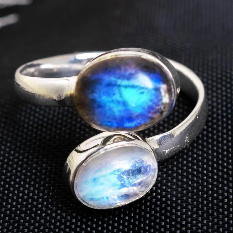 Toi et Moi Ring: Moonstone & Labradorite Sterling Silver Two Stone Ring