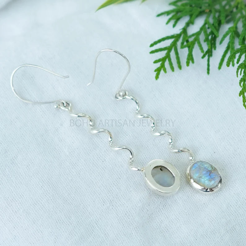 Raw Moonstone Dangle Earrings: Twisted Sterling Silver, July Birthstone