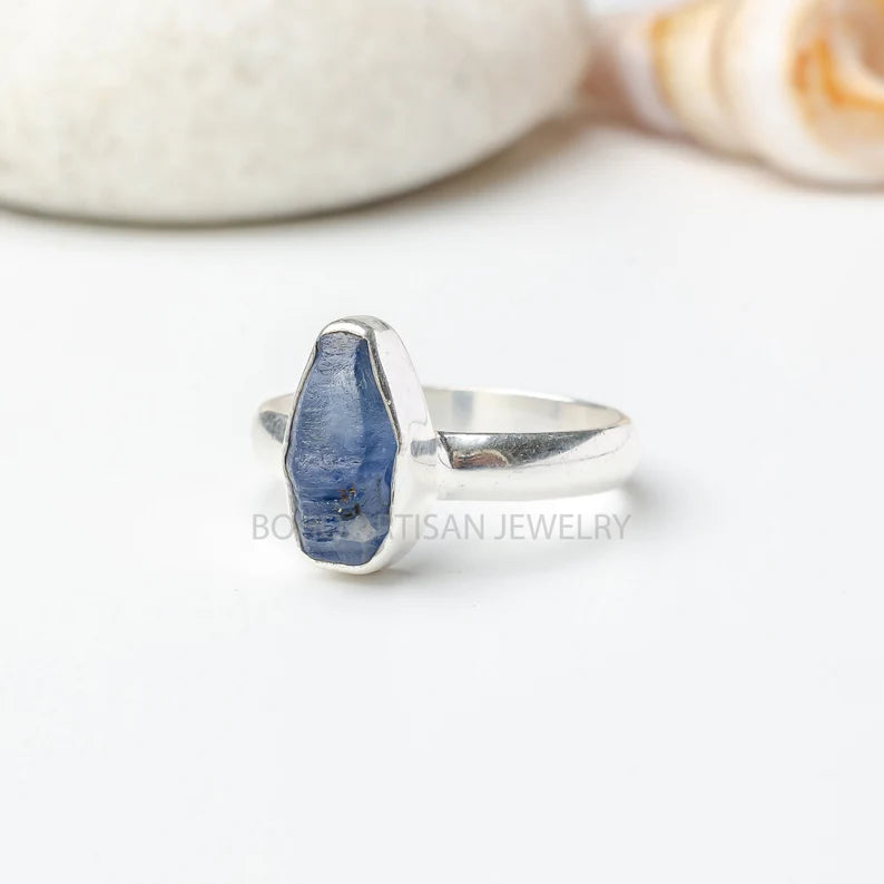 Raw Sapphire Sterling Silver Ring: Natural Crystal, September Birthstone