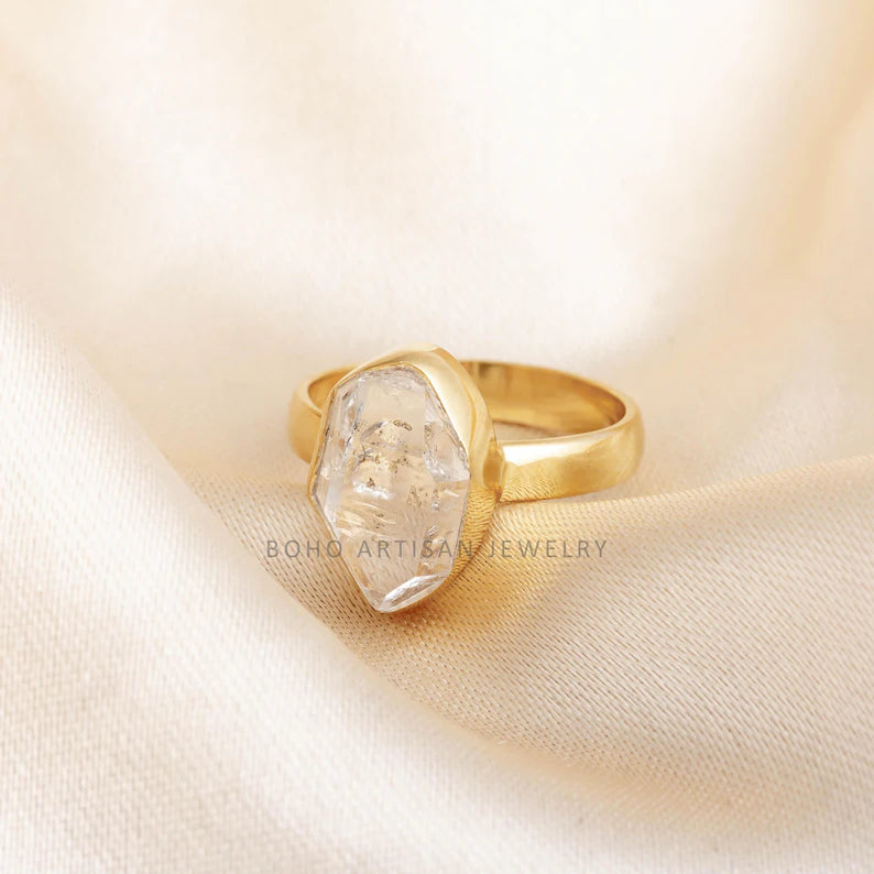 14k Gold Plated Herkimer Diamond Ring – Handmade Crystal Jewelry, April Birthstone Engagement Gift