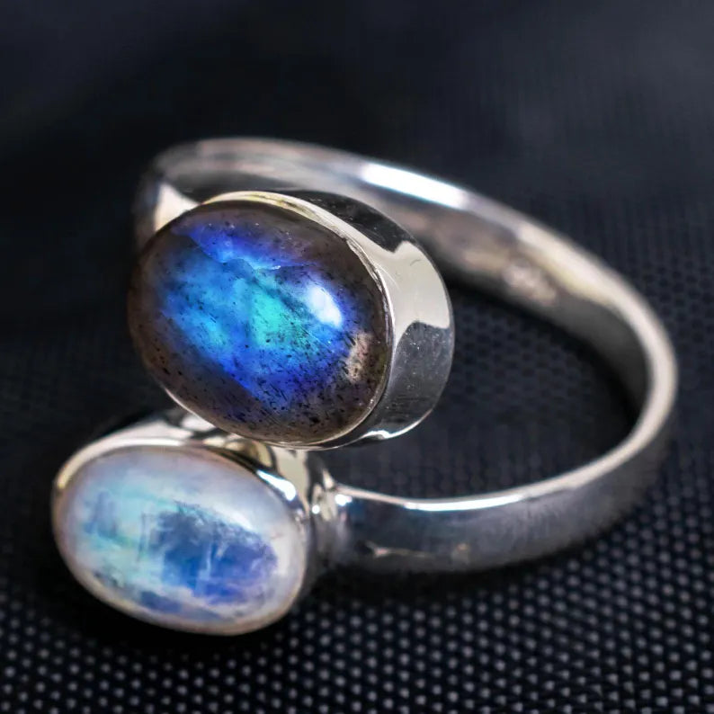 Toi et Moi Ring: Moonstone & Labradorite Sterling Silver Two Stone Ring