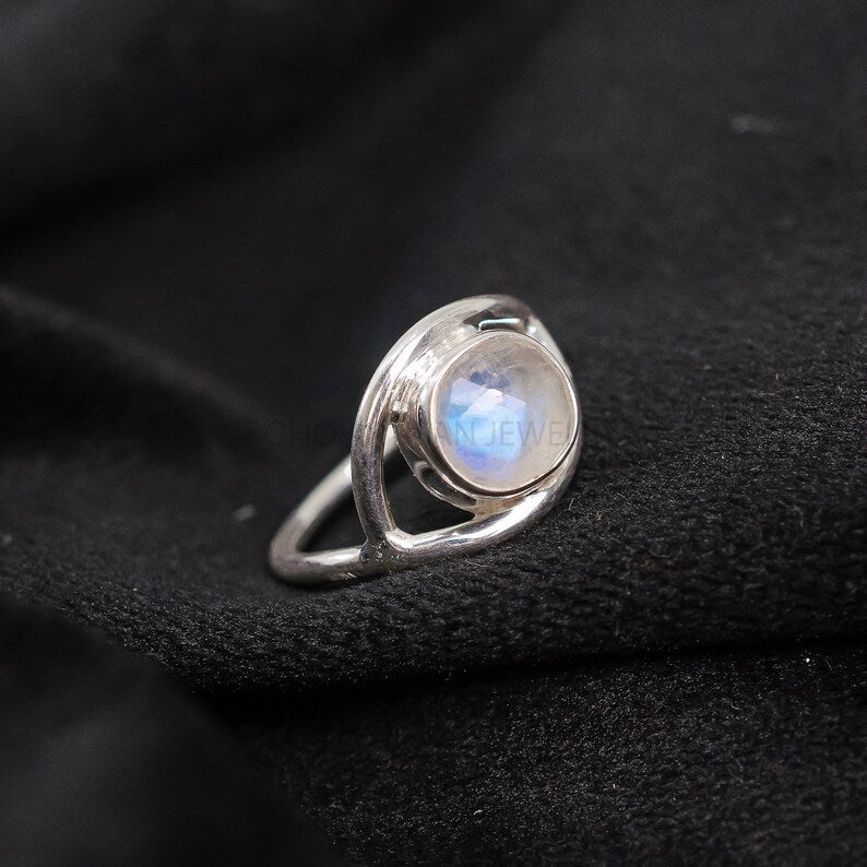 Evil Eye Moonstone Ring, Silver Handmade Ring, Moonstone Rose Cut Ring, Fire Moonstone, Rough Stone Jewelry, July Birthstone, Gift For Her
