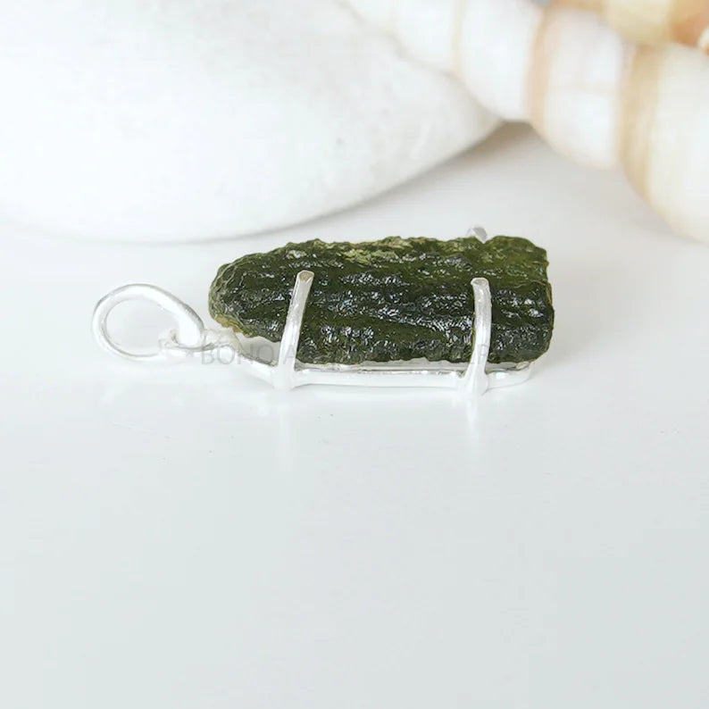 Raw Moldavite Pendant: Sterling Silver Green Gemstone Jewelry