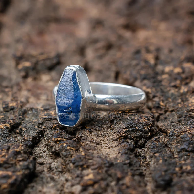 Raw Sapphire Sterling Silver Ring: Natural Crystal, September Birthstone