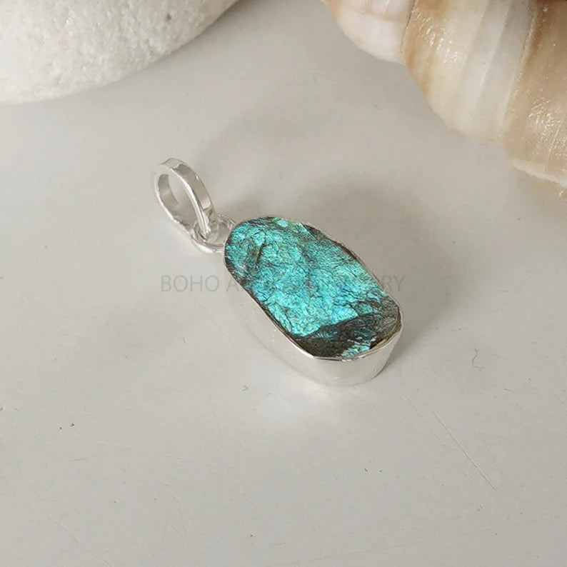 Raw Labradorite Pendant, Blue Labradorite Necklace, Raw Gemstone Jewelry, Handmade, Valentine's Day Gift, Healing Crystal, Gift For Her