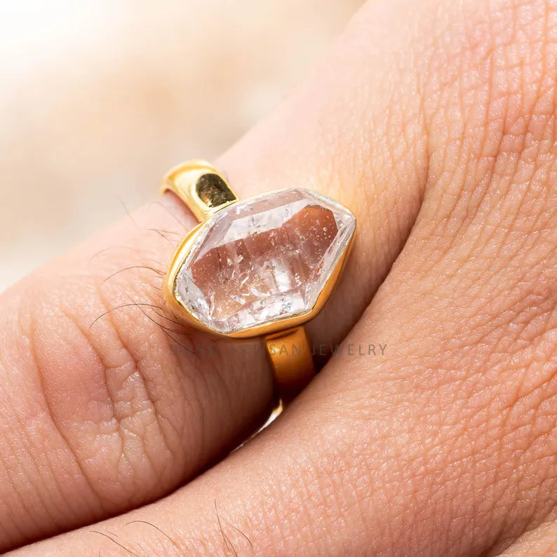 14k Gold Plated Herkimer Diamond Ring – Handmade Crystal Jewelry, April Birthstone Engagement Gift