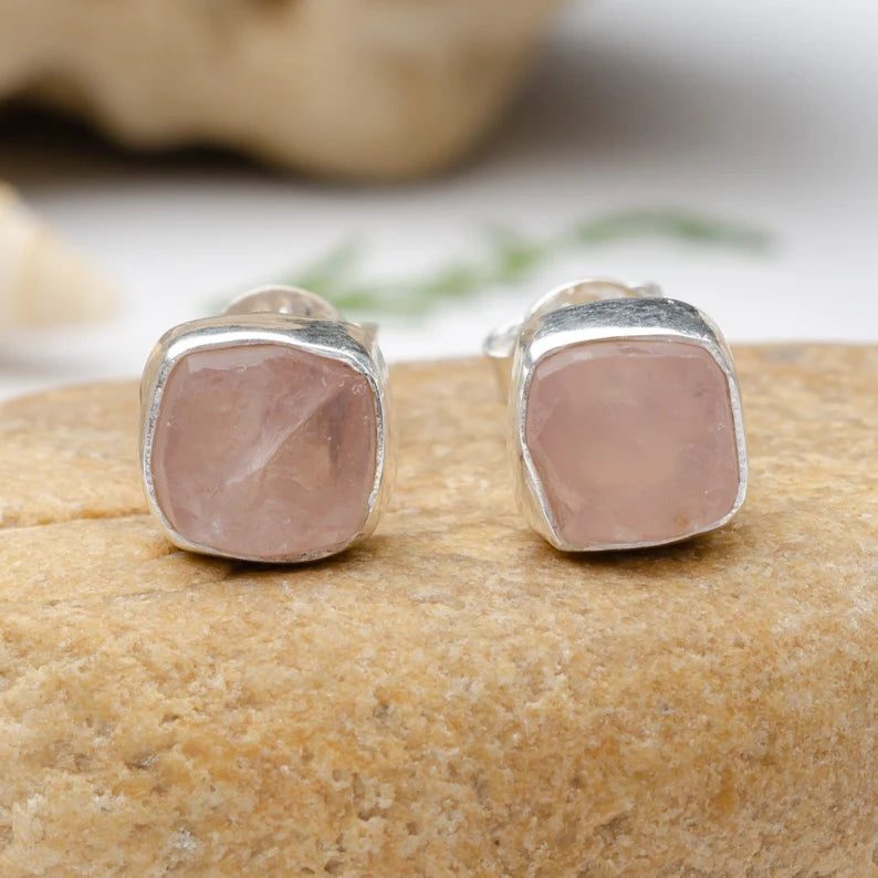 Raw Moonstone Stud Earrings: Handmade Sterling Silver Jewelry