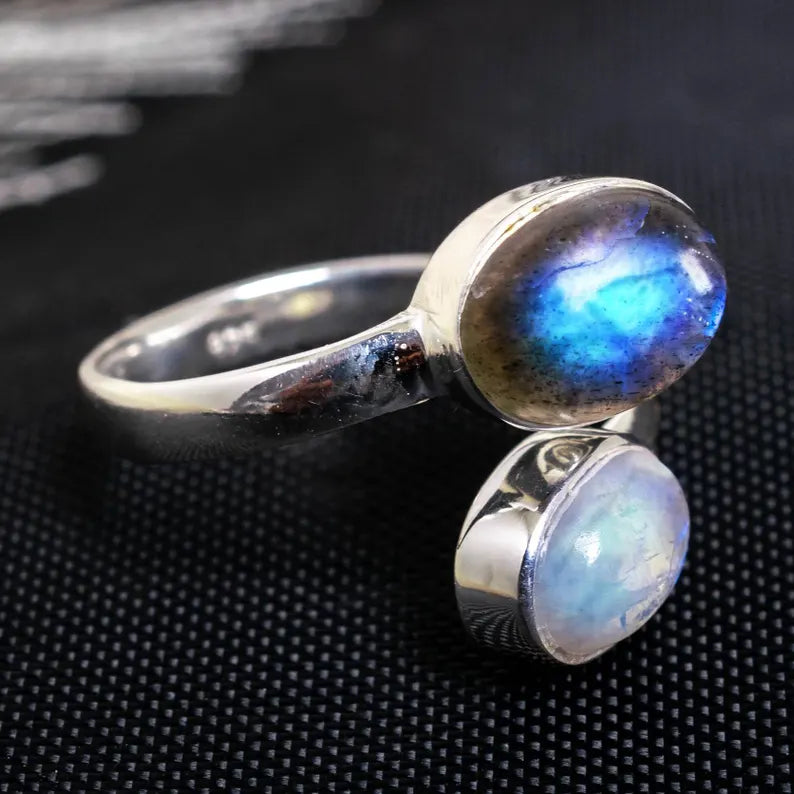 Toi et Moi Ring: Moonstone & Labradorite Sterling Silver Two Stone Ring