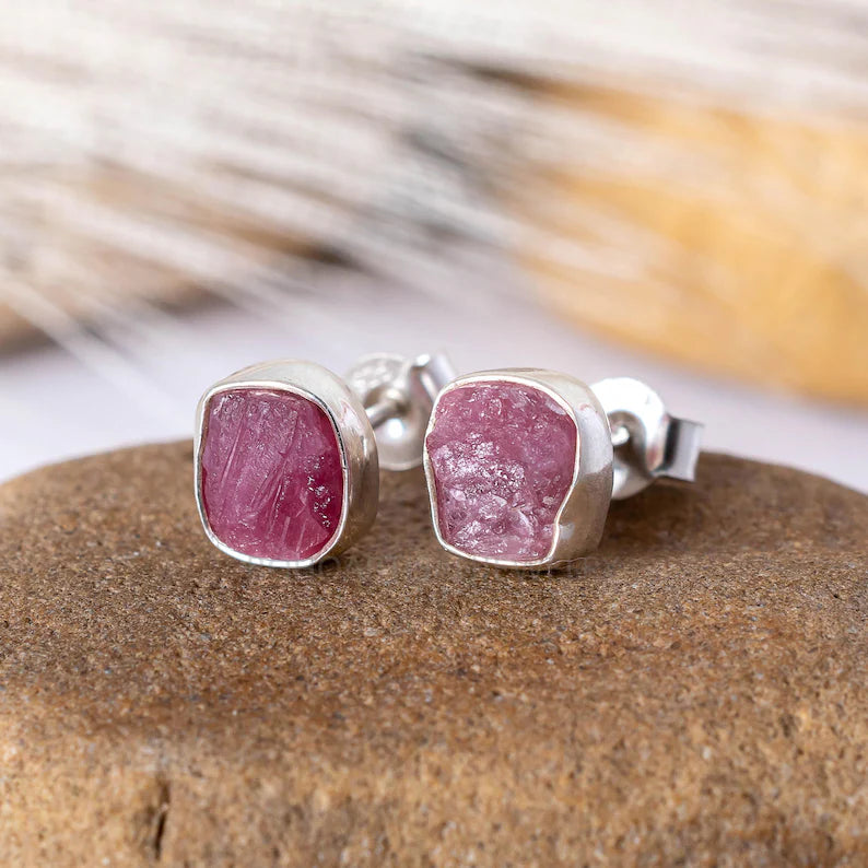 Raw Moonstone Stud Earrings: Sterling Silver, July Birthstone