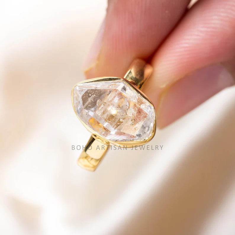 14k Gold Plated Herkimer Diamond Ring – Handmade Crystal Jewelry, April Birthstone Engagement Gift