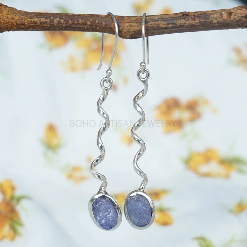 Raw Moonstone Dangle Earrings: Twisted Sterling Silver, July Birthstone
