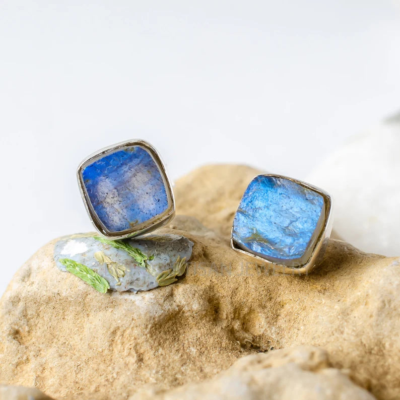 Raw Moonstone Stud Earrings: Handmade Sterling Silver Jewelry