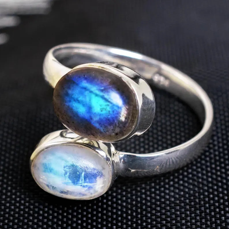 Toi et Moi Ring: Moonstone & Labradorite Sterling Silver Two Stone Ring