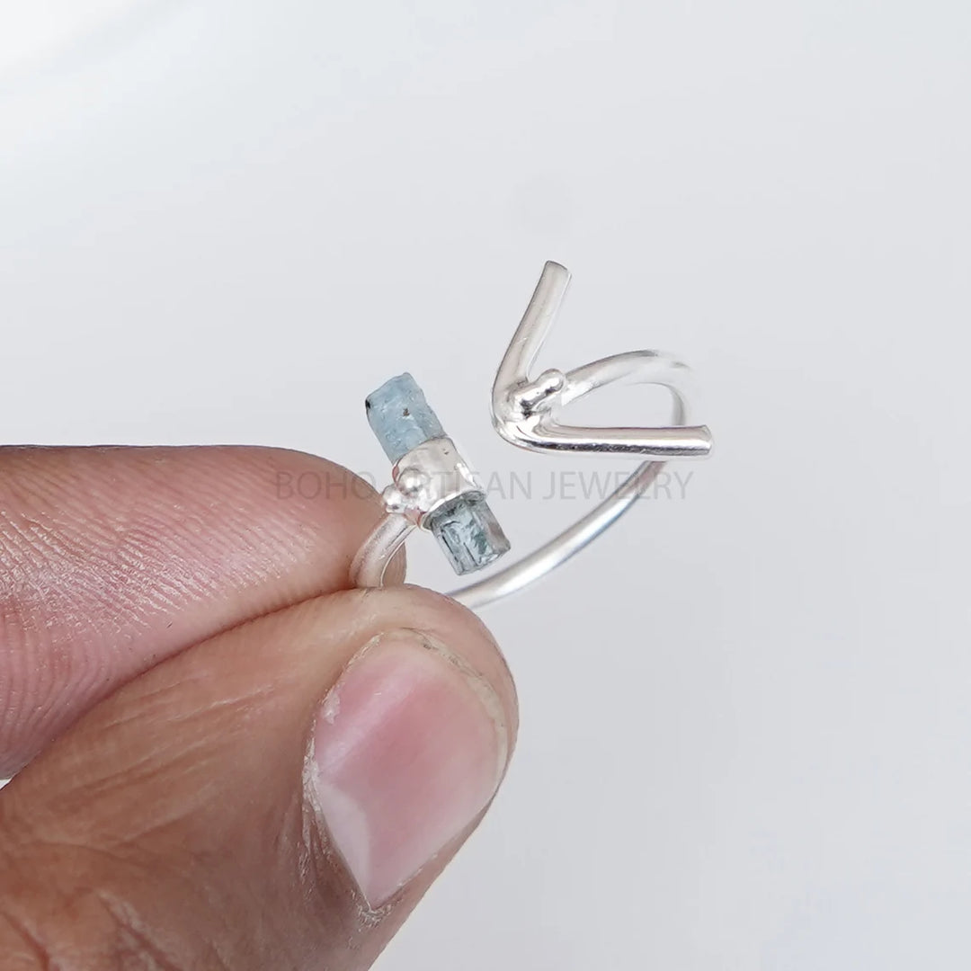 Raw Aquamarine Sterling Silver Ring: Adjustable Arrow Stick Design