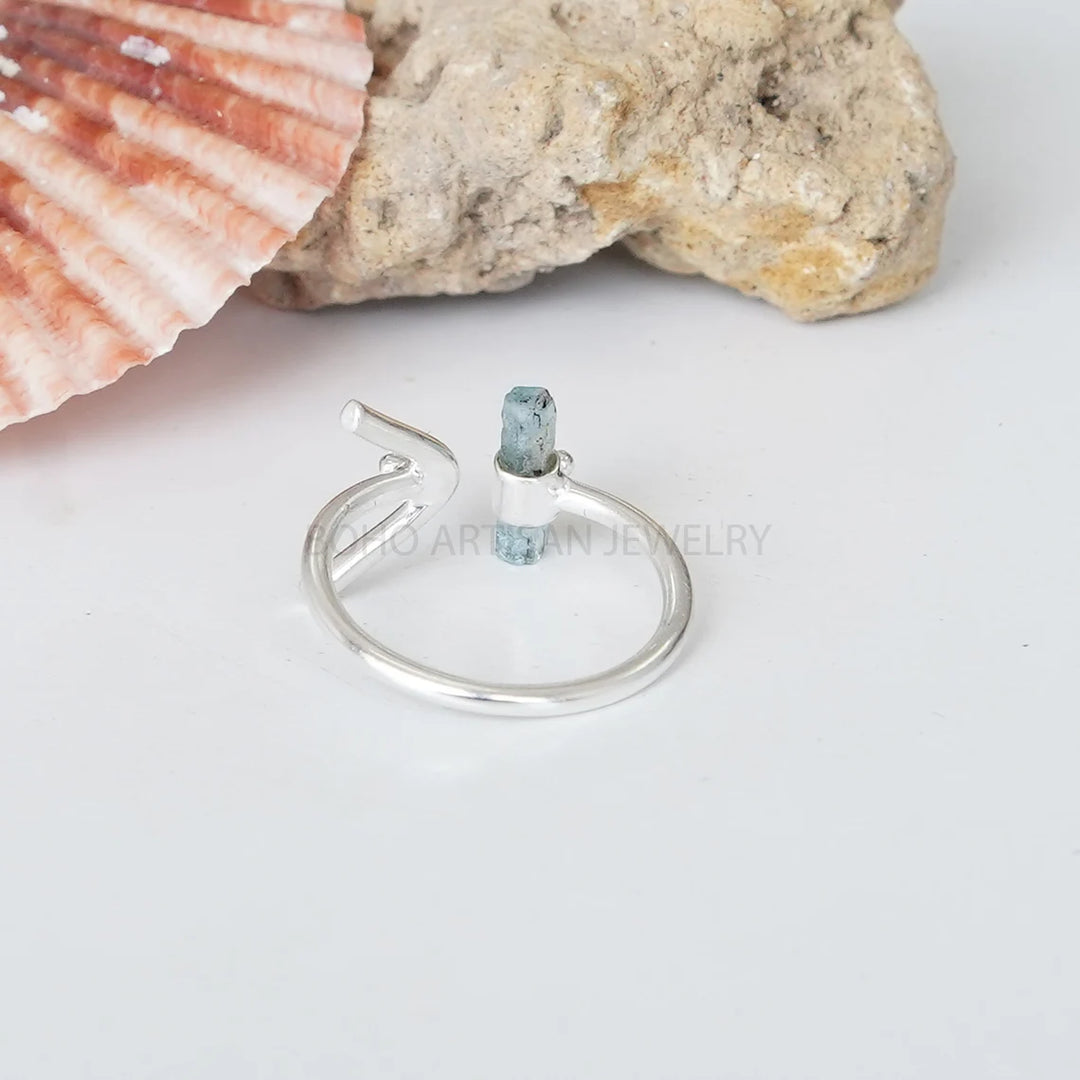 Raw Aquamarine Sterling Silver Ring: Adjustable Arrow Stick Design