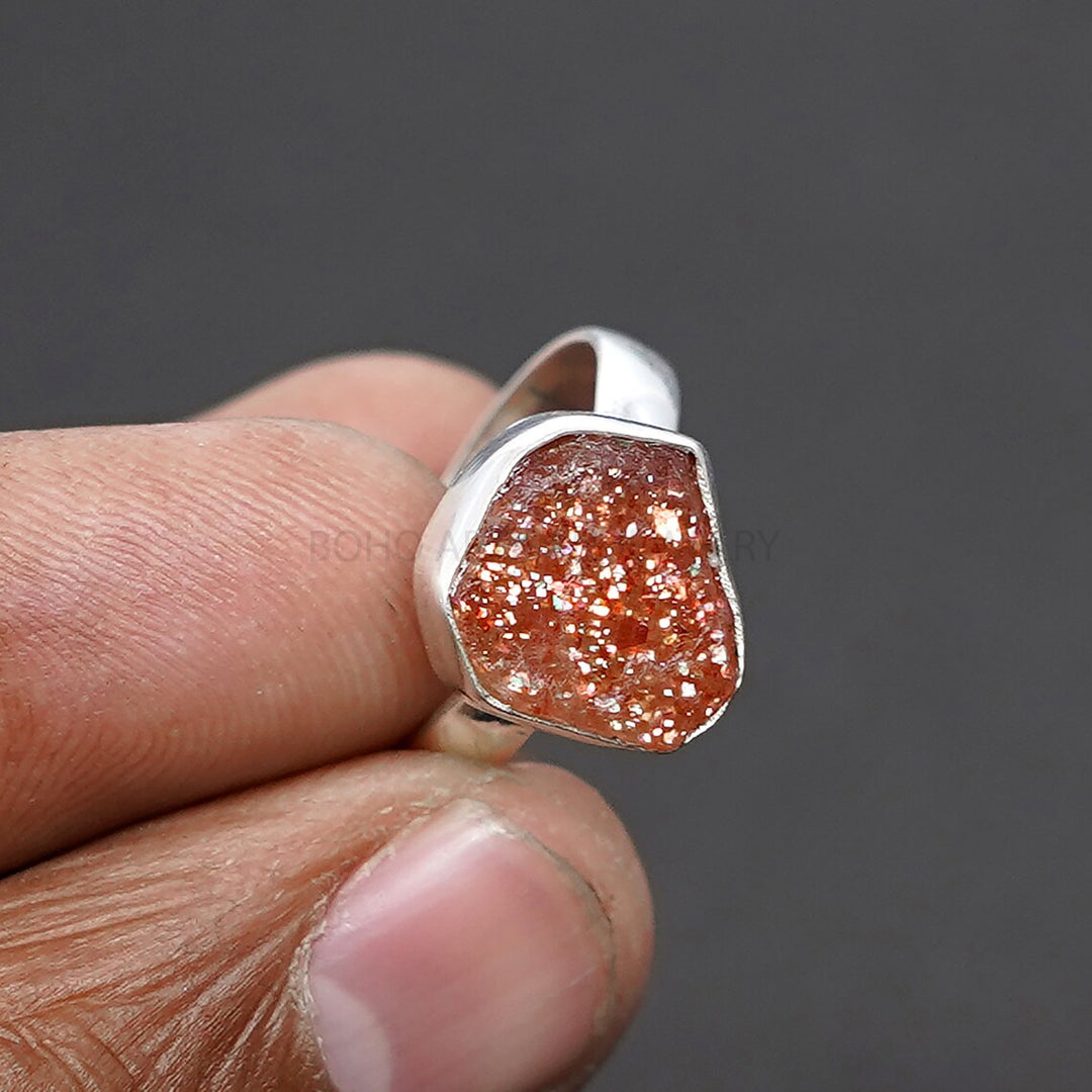 Raw Sunstone Ring: Orange Fire, Sterling Silver, Boho Jewelry