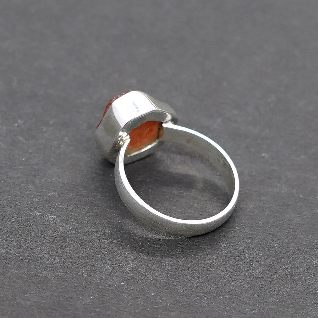 Raw Sunstone Ring: Orange Fire, Sterling Silver, Boho Jewelry