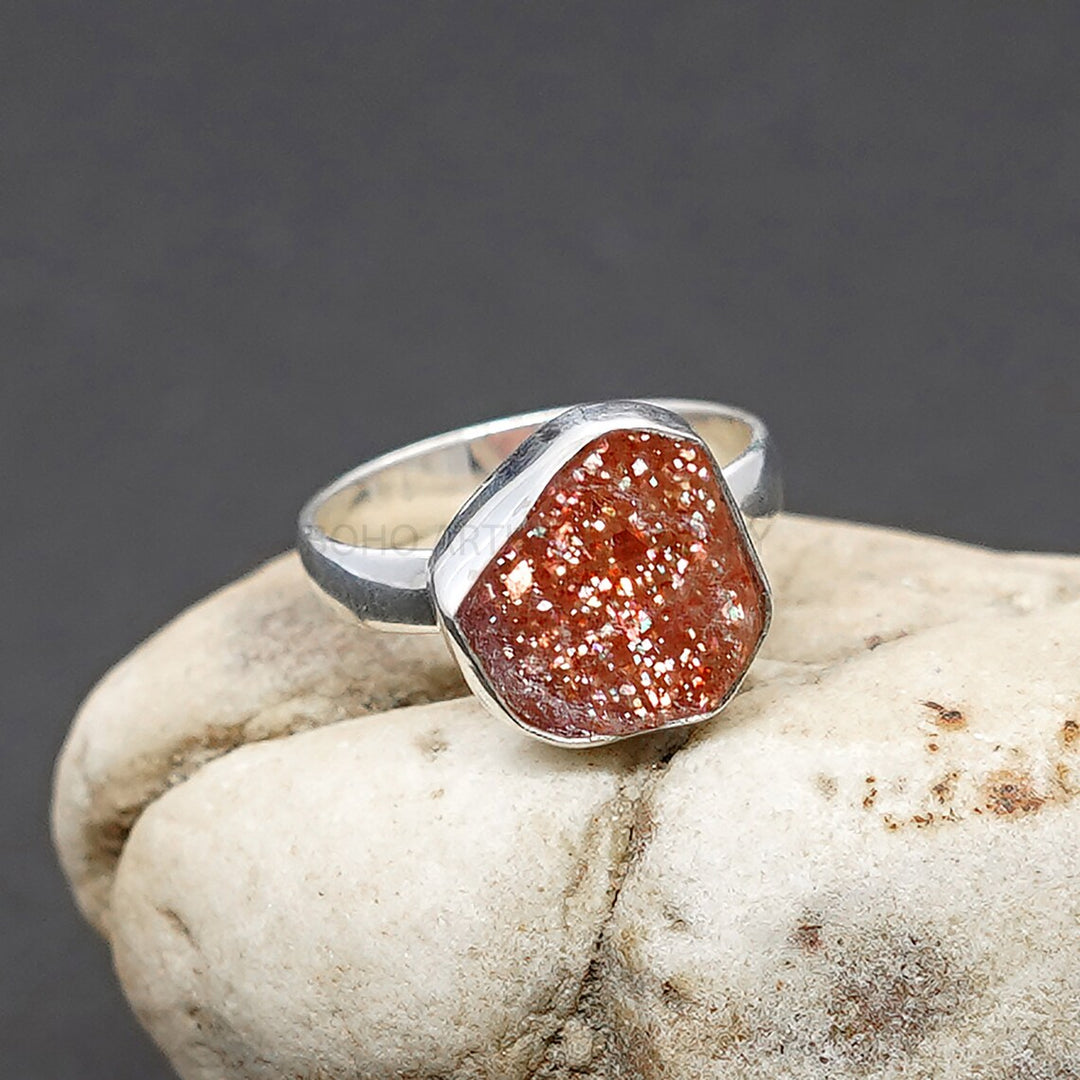 Raw Sunstone Ring: Orange Fire, Sterling Silver, Boho Jewelry