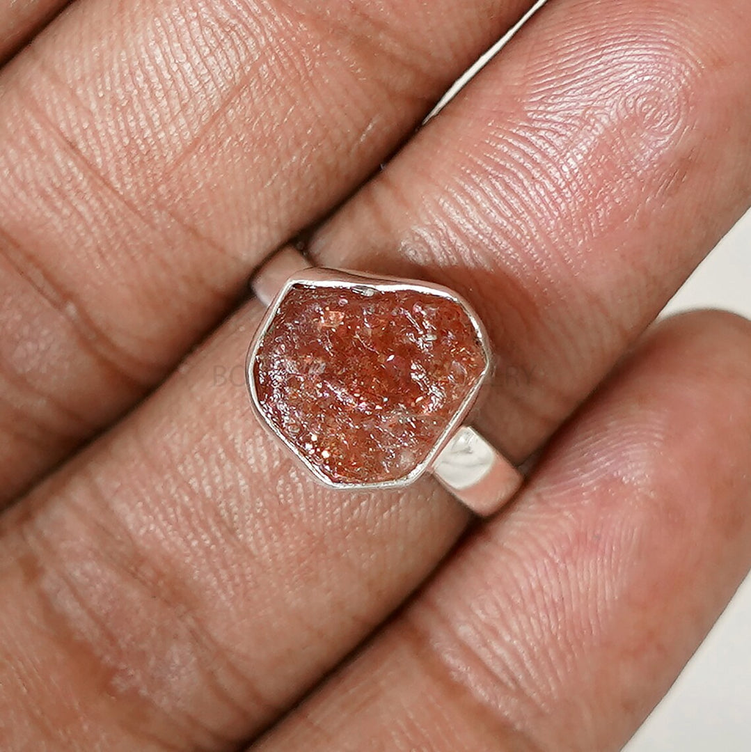 Raw Sunstone Ring: Orange Fire, Sterling Silver, Boho Jewelry