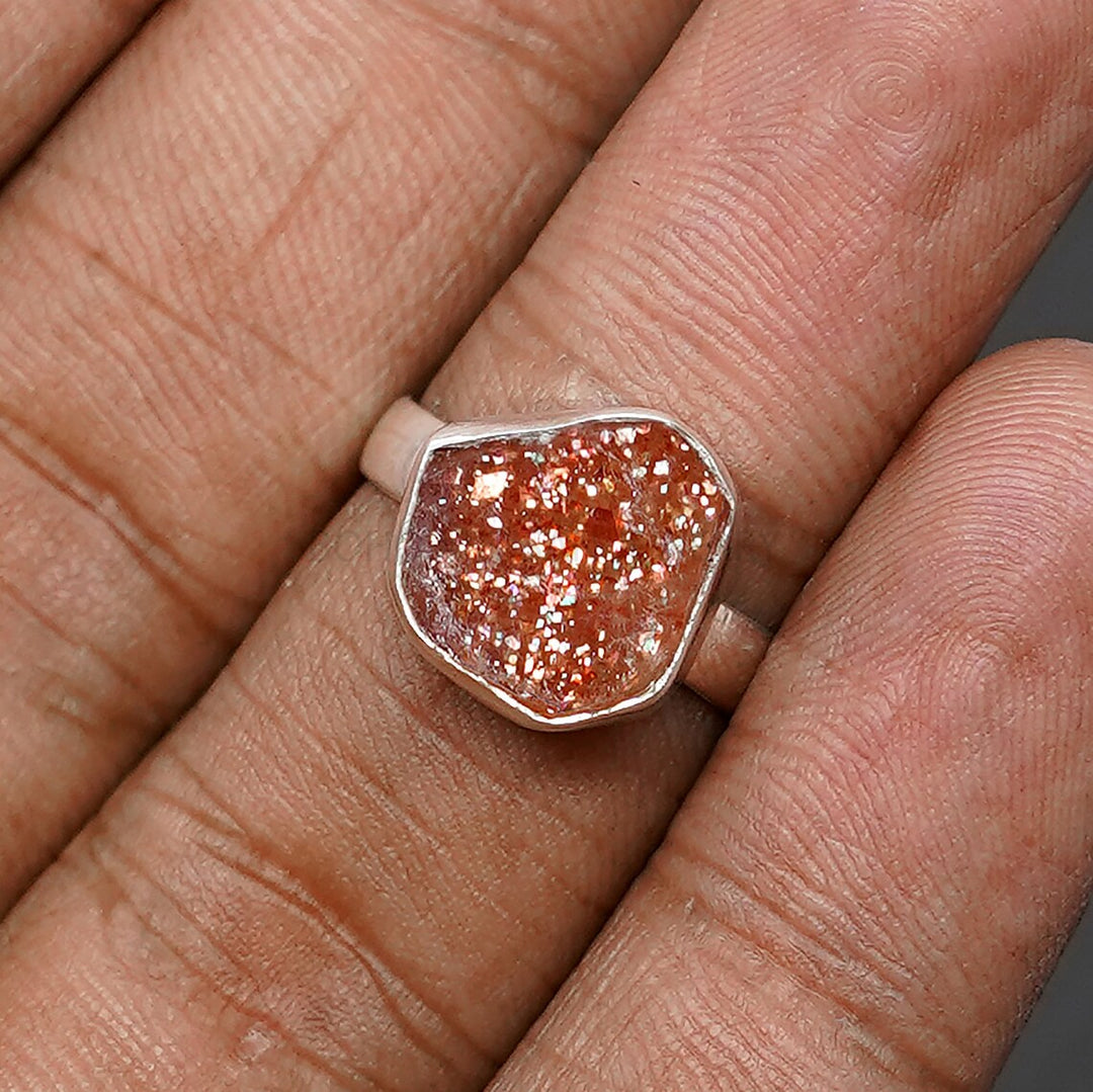 Raw Sunstone Ring: Orange Fire, Sterling Silver, Boho Jewelry