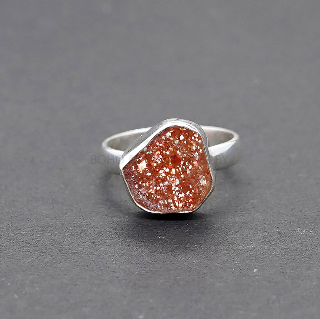 Raw Sunstone Ring: Orange Fire, Sterling Silver, Boho Jewelry