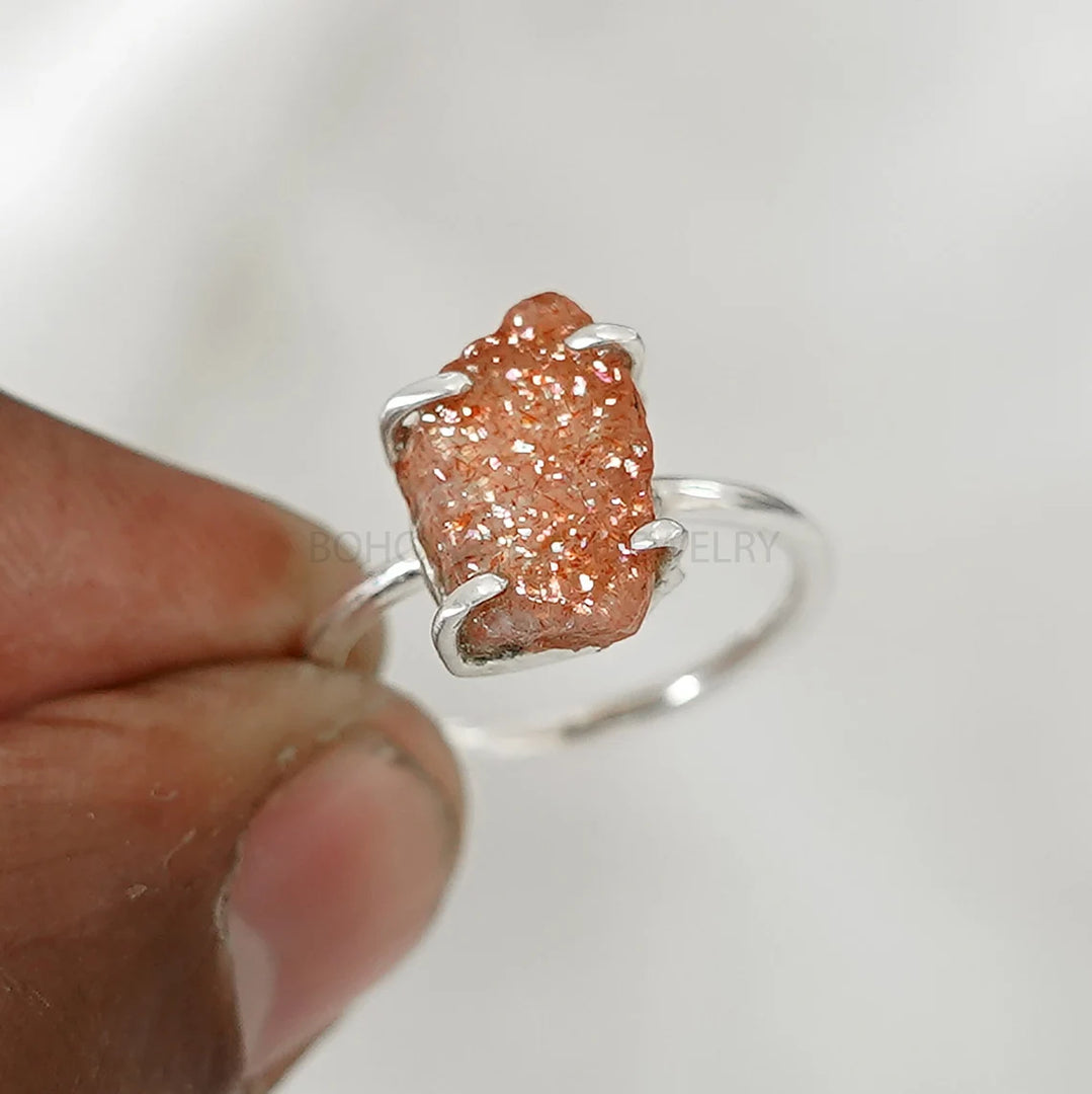 Raw Sunstone Ring: Natural 925 Sterling Silver Boho Ring