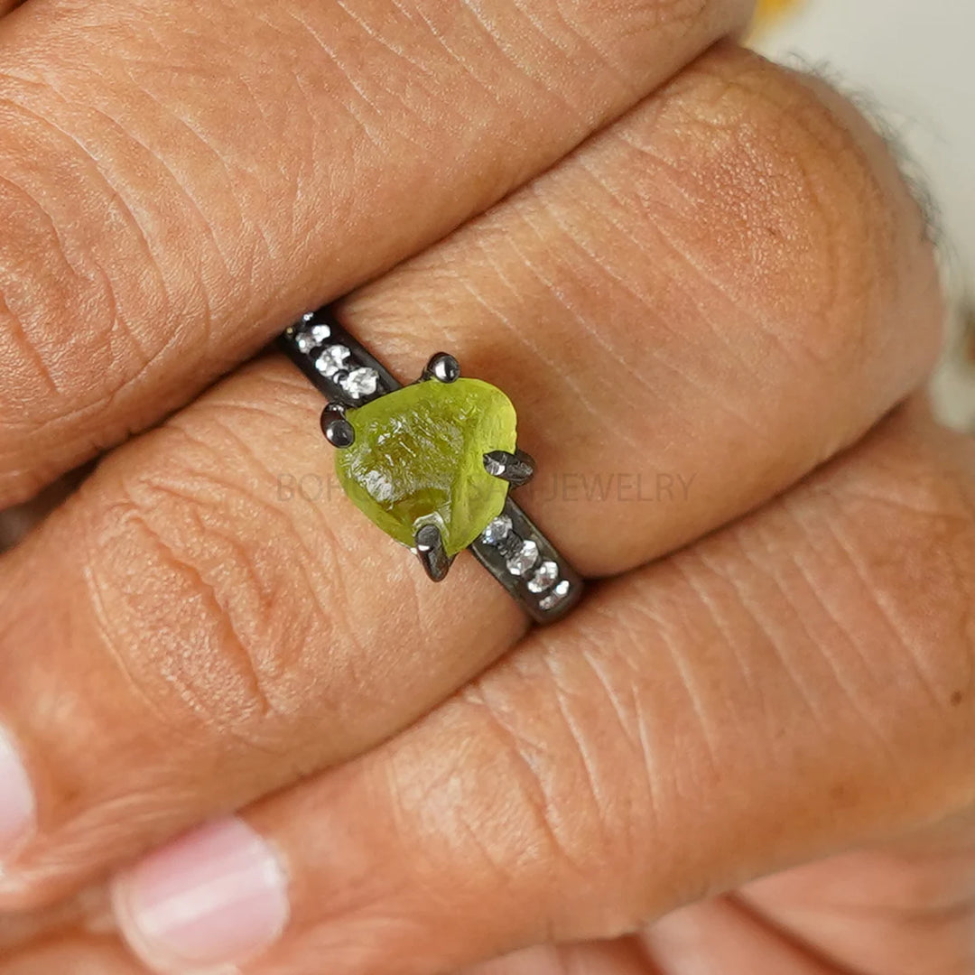 Raw Peridot Ring: Sterling Silver, Black Rhodium & CZ - August Birthstone
